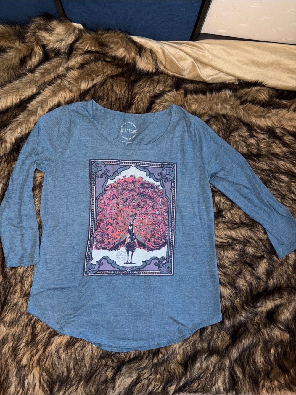 Lucky Brand Blue 3/4 Sleeve Tee with Pink Peacock Graphic Size Large
